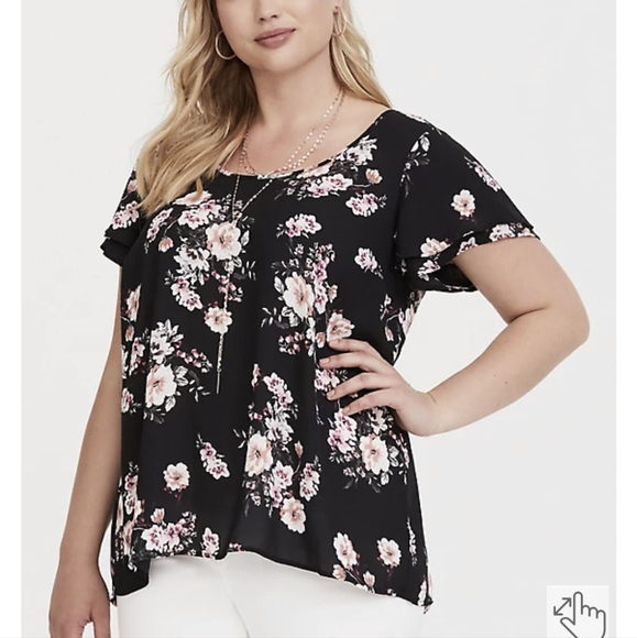 BLACK FLORAL FLUTTER SLEEVE GEORGETTE BLOUSE - Picture 1 of 6